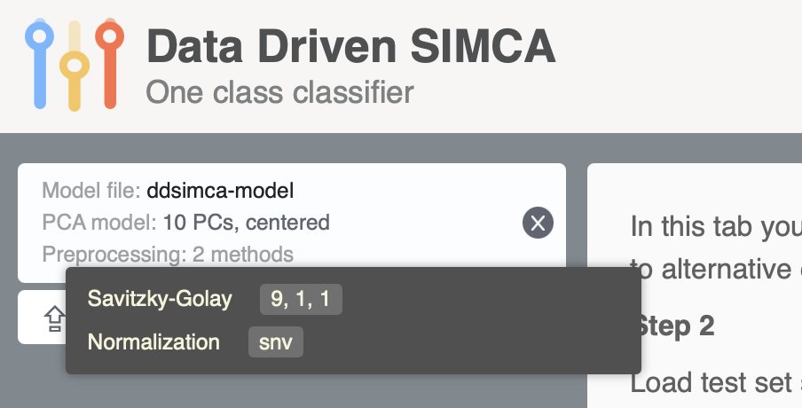 Screenshot with DD-SIMCA model loaded to mda.tools/ddsimca